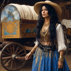 goache painting of a realistic gypsy middle aged woman, with gol...