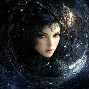 Create an ultra-realistic portrait of a cosmic witch standing in...
