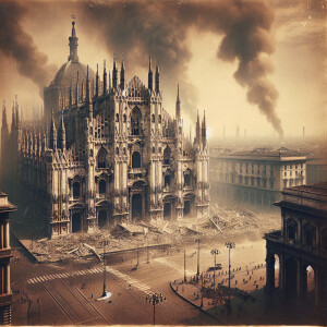 A damaged Milan Cathedral following Allied bombing during WWII,...