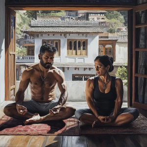 Photorealism,realism,A man muscular beefy sweaty doinga yoga sit...