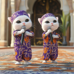 two small white kittens, black eyes, wearing purple and orange k...