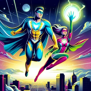 Generate a wallpaper of invincible and eve hovering