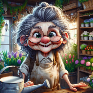 a whimsical cartoonish realistic image of an old lady with wild...