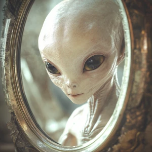 In the quiet confines of its spacecraft, a gentle alien stands b...