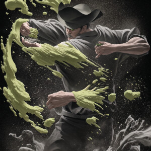 The matcha tea rises from the bowl and transformed into a cowboy...