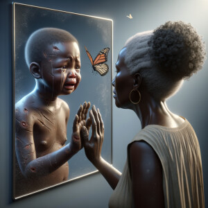 Create a 3-D realistic, adult african-American, female and male looking at themselves in the mirror but the child them has scars dirty crying and sad, with a falling butterfly