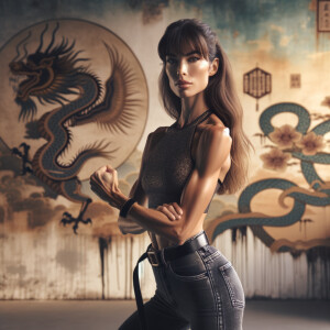 Athletic Thin skinny Attractive, Asian teenage girl, long brown hair and bangs, wearing tight skinny jeans and a halter top paint marks on her clothing, heroic pose Asian graffiti background, backside view