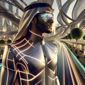 A man in a streamlined, metallic jacket with subtle glowing seams, paired with high-tech sunglasses that display holographic information