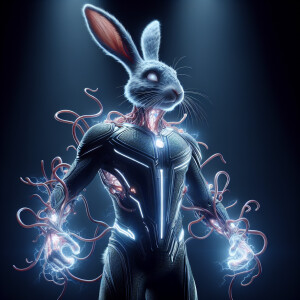 Create an image of an anthropomorphic rabbit with a sleek, form-...