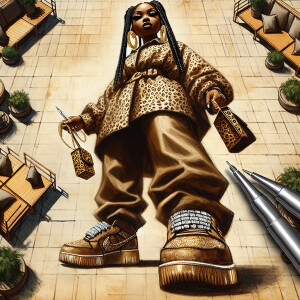 Create a worm's-eye view image of a life-sized, sophisticated Af...