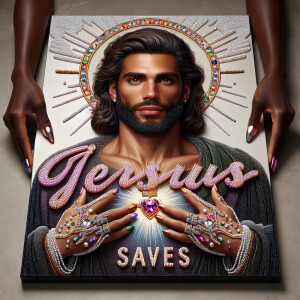 A 3D realistic artwork featuring the phrase 'Jesus Saves' adorne...