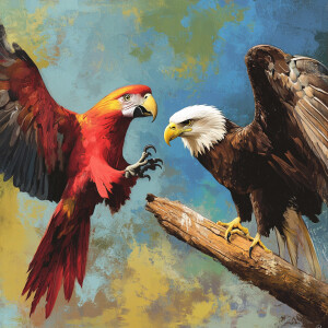 eagle and parrot playing with each other