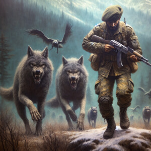 Werewolves chasing an armed soldier