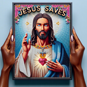 A 3D realistic artwork featuring the phrase 'Jesus Saves' adorne...