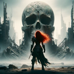 Huge skull with a redhead warrior princess standing in front of...