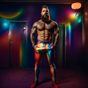 A bearded, muscular man confidently stands with his hands in his...