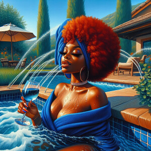 oil painting : Patio landscape a jacuzzi on the patio blue water...