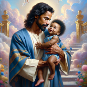 Classical oil painting style depicting an African-American Jesus...