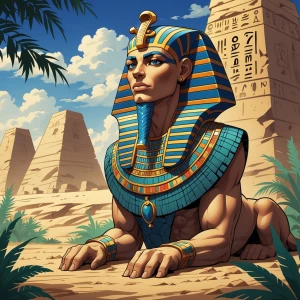 an character sheet drawing of a male Egyptian Sphinx long nemes,...