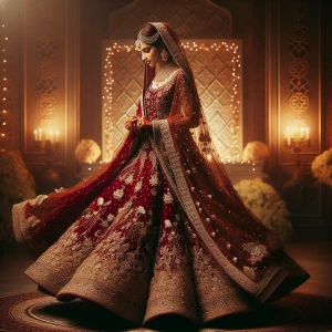 Photography, a beautiful Pakistani bride in a deep red or gold l...