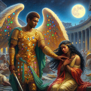 Create an oil painting image featuring a male angel and a grievi...