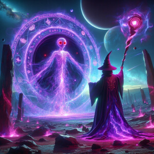 An extraterrestrial wizard with shimmering purple robes and glow...