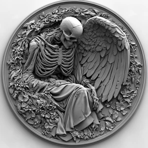 Design a high-contrast grayscale 3d bas relief of death, The composition should be circular like a coin emblem, designed for CNC routing with balanced lighting to accentuate fine details, sharp edges, and distinct textures. Employ deep shadows and strong highlights to define planes and surfaces clearly.