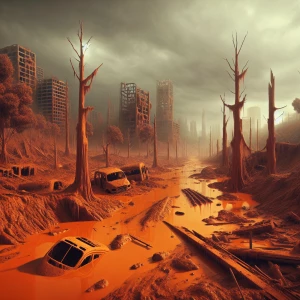 Generate a hyper-realistic depicting a landscape devastated by orange mud.