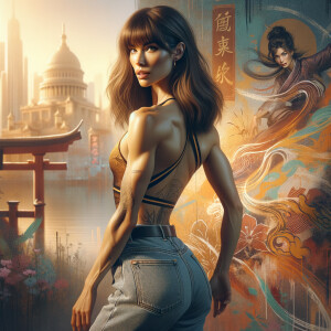 Athletic Thin skinny Attractive, Asian teenage girl, long brown hair and bangs, wearing tight skinny jeans and a halter top paint marks on her clothing, heroic pose Asian graffiti background, backside view