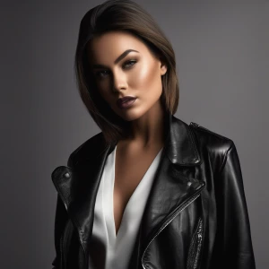 A stylish woman in a leather jacket, her face illuminated by a single, strong light source from the side, casting bold shadows