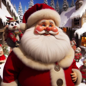 Santa Claus in the North Pole, surrounded by playful opossums we...