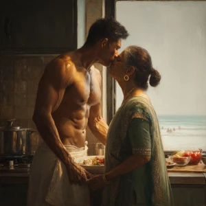 Hyperrealism .a muscular sweaty indian man standing and kissin...