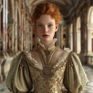 Create a photorealistic image of a light ginger-haired model wal...