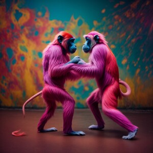 two colourfull monkeys dancing, unicorn colour