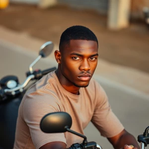 African American male model with really short hair sitting on a...