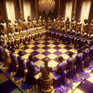 3-D realistic oil, painting, Oh a gold, and purple human chessbo...