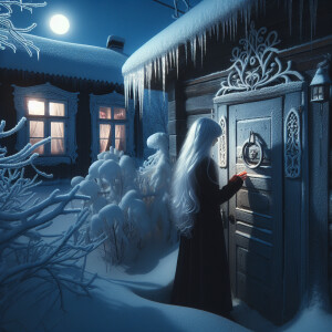 A girl with white hair knocks on a house with no light at night...