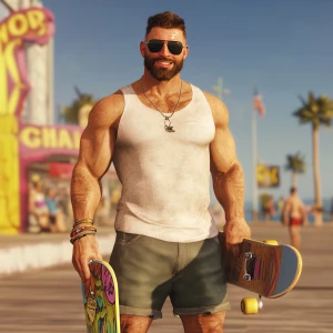 White muscular thin man with beard, big chin, smile and cheekbon...