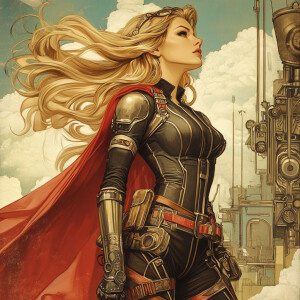 illustration, future, muscles, cape, hero, steampunk, long hair,...