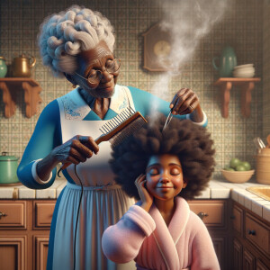 Create a realistic 3-D image of an african-American grandmother wearing a blue house dress and a white apron . She is in the kitchen with her african-American granddaughter. Her granddaughter is wearing a pink bath robe. The grandmother has a hot comb in her hand and she is straightening her granddaughters hair. One side of her granddaughters hair is in  a Afro the other straight 
There is smoke coming from the hot comb
The granddaughter is holding her ear and making a funny face