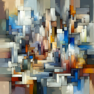 Describe an abstract painting in stunning shades of grays, blues...