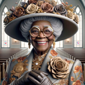 Create a 3-D realistic, elderly African-American woman stands in front of a quaint church, exuding joy with the biggest smile on her face. Her eyes are magnified by large, round glasses, and her gray hair is styled neatly beneath a stylish church hat adorned with roses and intricate golden details. She's dressed in an elegant jacket with a floral pattern in shades of brown and gold, complementing her hat. On her jacket, a prominent brooch adds a touch of sophistication. She holds a book titled "I Got Saved" in her gloved hands, showcasing her spiritual milestone with pride and delight.