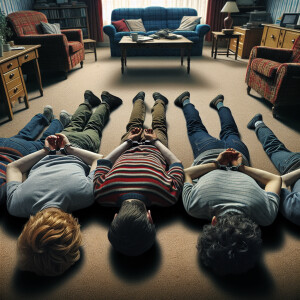 4 caucasian male teens handcuffed, laying face down on the groun...
