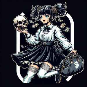 Gorgeous anime girl with black hair in pigtails and big light bl...