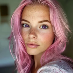 Photo of A stunning 24yo female, pink hair and purple eyes.