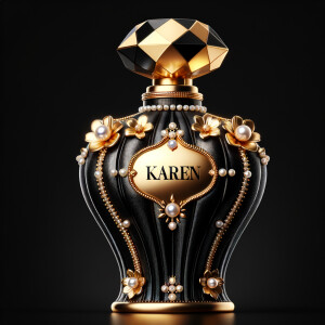 Design a fancy, black and gold bottle of perfume in the shape of a woman’s body. With a golden diamond top, flowers pearls and Diamonds in the name, Karen