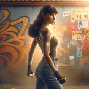 Athletic Thin skinny Attractive, Asian teenage girl, long brown hair and bangs, wearing tight skinny jeans and a halter top paint marks on her clothing, heroic pose Asian graffiti background, backside view