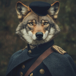 A male, anthromorphic Florida red wolf, wearing US 1860 civil wa...