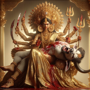 portrait of angry looking goddess durga sitting on a gold crown...