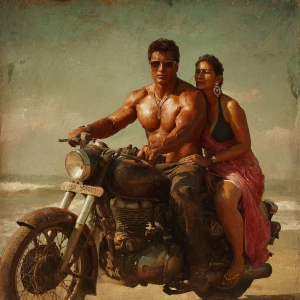 realism painting photo.a muscular sweaty indian man on motorbik...